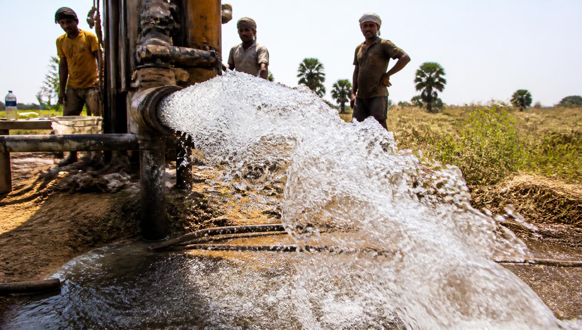 Fresh water flowing from a newly drilled borewell